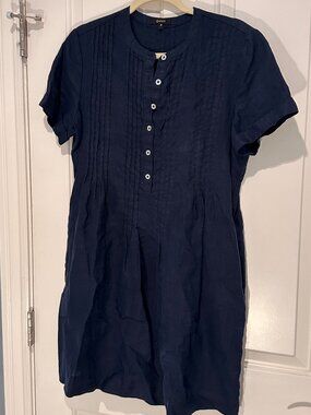 Quince European Linen Short Sleeve Swing Dress, Navy, Size S